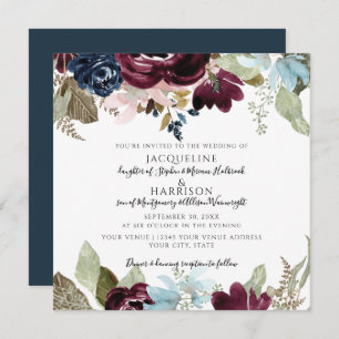 Burgundy Navy Blush Floral Elegant Foliage Wedding Invitation