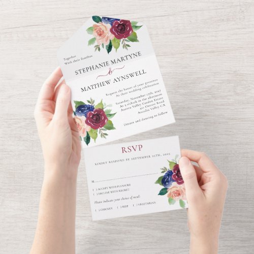 Burgundy Navy Blush Floral Fall Wedding All In One Invitation