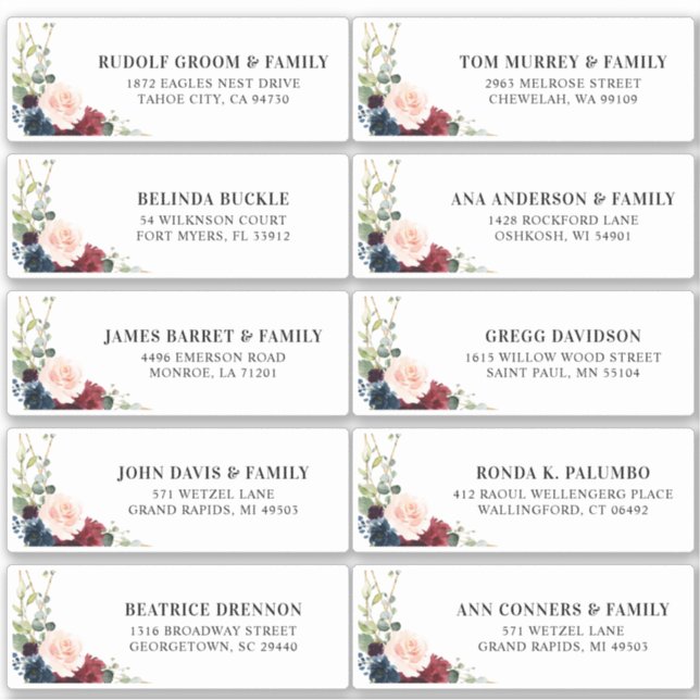 Burgundy Navy Blush Floral Geometric Address Label (Front)