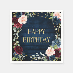Burgundy Navy Blush Floral Geometric Birthday Napkins