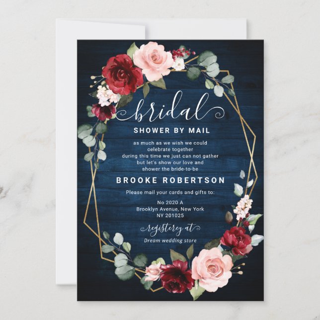 Burgundy Navy Blush Floral Geometric Bridal Shower Invitation (Front)