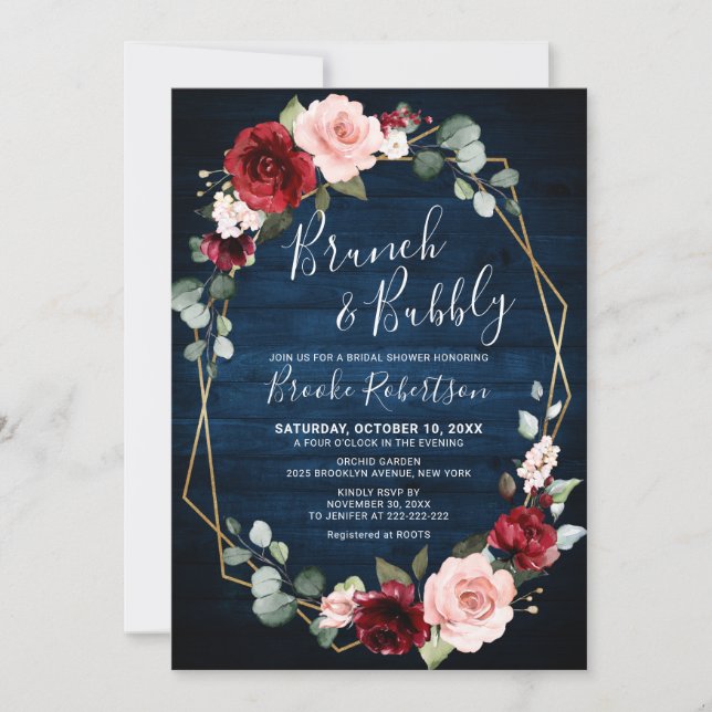 Burgundy Navy Blush Floral Geometric Bridal Shower Invitation (Front)