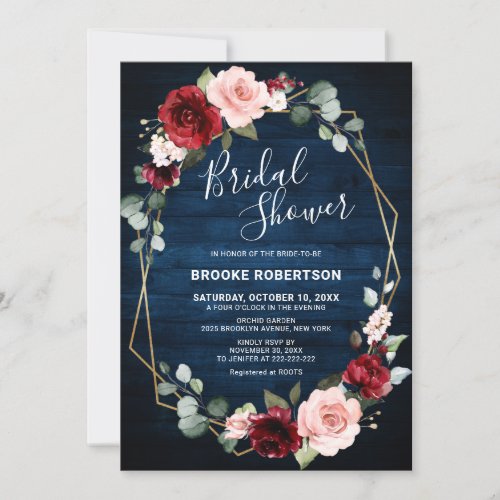 Burgundy Navy Blush Floral Geometric Bridal Shower Invitation