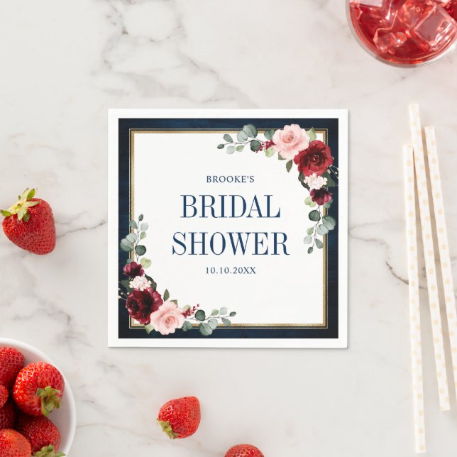 Burgundy Navy Blush Floral Geometric Bridal Shower Napkins (Insitu)