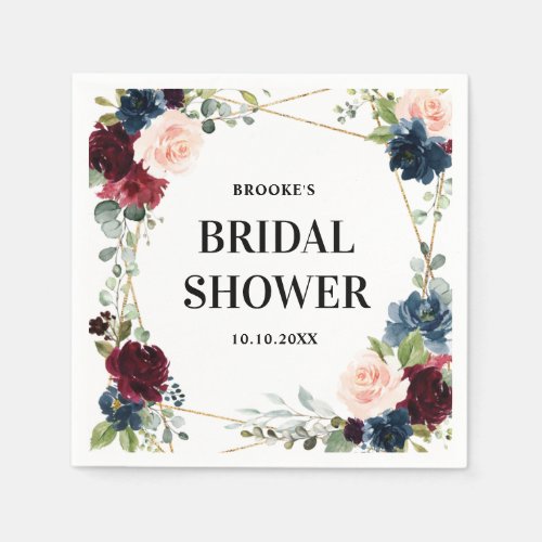 Burgundy Navy Blush Floral Geometric Bridal Shower Napkins