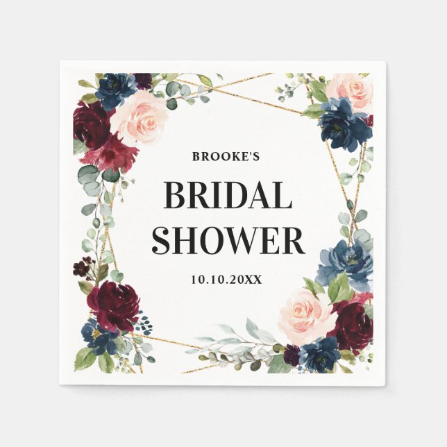 Burgundy Navy Blush Floral Geometric Bridal Shower Napkins (Front)