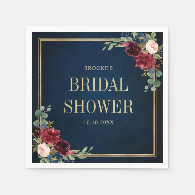 Burgundy Navy Blush Floral Geometric Bridal Shower Napkins (Front)