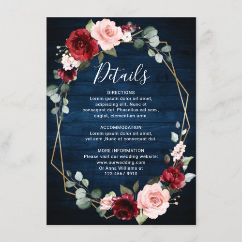 Burgundy Navy Blush Floral Geometric Details Enclosure Card