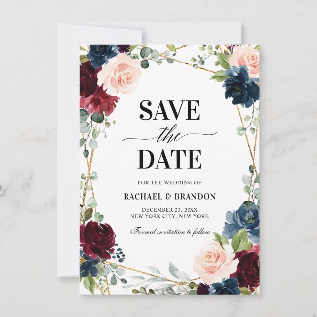 Burgundy Navy Blush Floral Geometric save the date (Front)