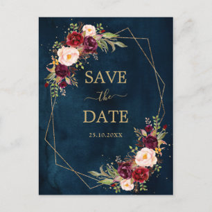 Burgundy Navy Blush Floral Geometric save the date Postcard