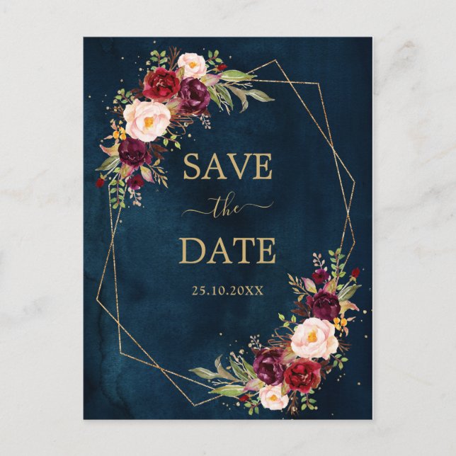 Burgundy Navy Blush Floral Geometric save the date Postcard (Front)