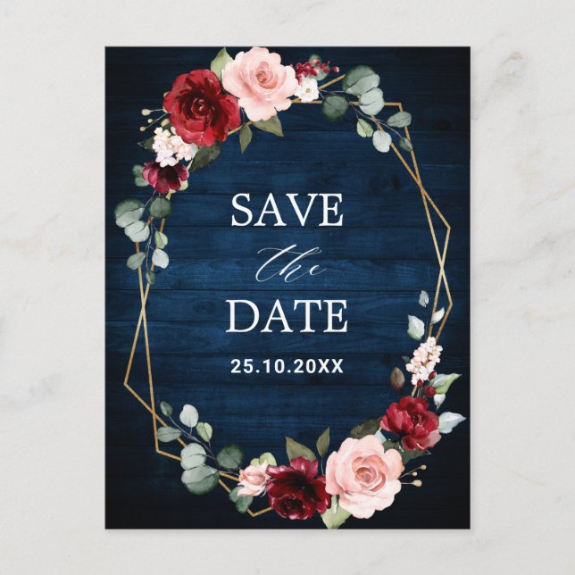 Burgundy Navy Blush Floral Geometric save the date Postcard (Front)