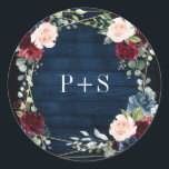 Burgundy Navy Blush Floral Geometric Wedding Classic Round Sticker<br><div class="desc">Elegant and modern romantic geometric watercolor floral envelope seal sticker features a beautiful burgundy / marsala , blush pink, peach , navy blue watercolor roses with matching foliage on navy blue rustic wood background and gold frame. Perfect for a fall / midsummer wedding. Please find more matching designs and variations...</div>