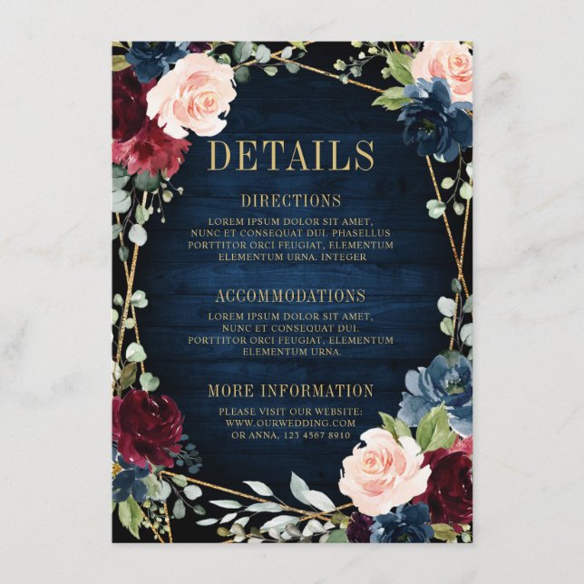 Burgundy Navy Blush Floral Geometric Wedding Enclosure Card (Front)