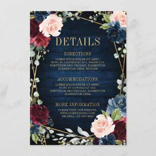 Burgundy Navy Blush Floral Geometric Wedding Enclosure Card