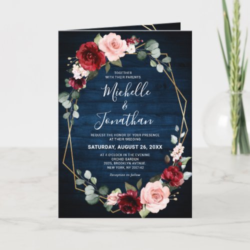 Burgundy Navy Blush Floral Geometric Wedding Invitation