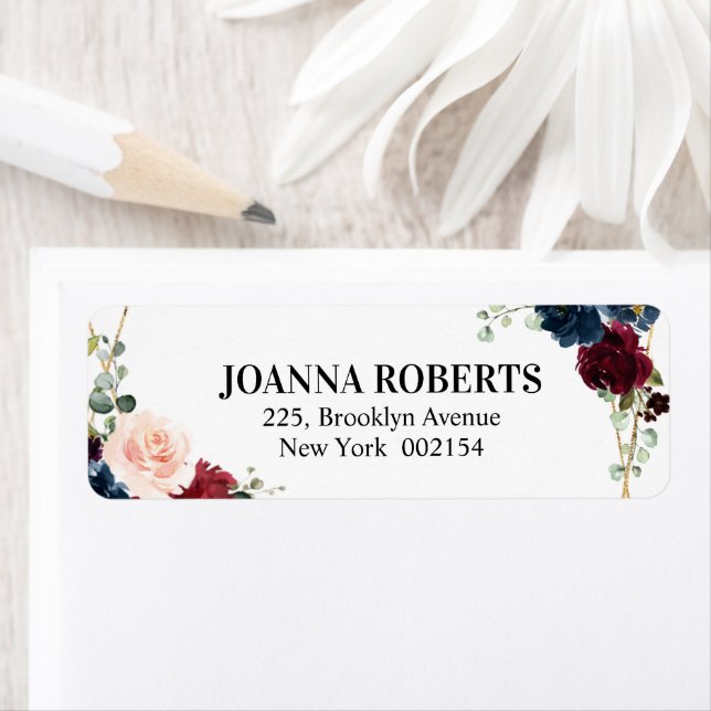 Burgundy Navy Blush Floral Geometric Wedding Label (Insitu)