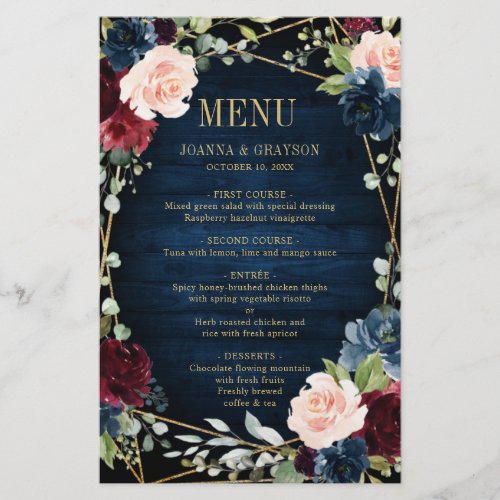 Burgundy Navy Blush Floral Geometric Wedding Menu