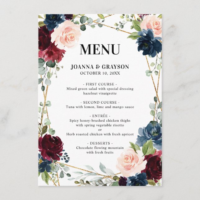Burgundy Navy Blush Floral Geometric Wedding Menu (Front)