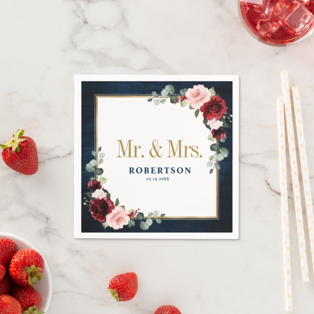 Burgundy Navy Blush Floral Geometric Wedding Napki Napkins (Insitu)