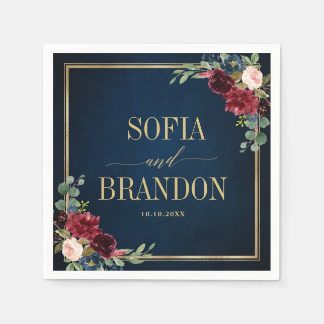 Burgundy Navy Blush Floral Geometric Wedding Napki Napkins (Front)