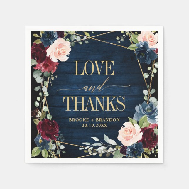 Burgundy Navy Blush Floral Geometric Wedding Napkins (Front)
