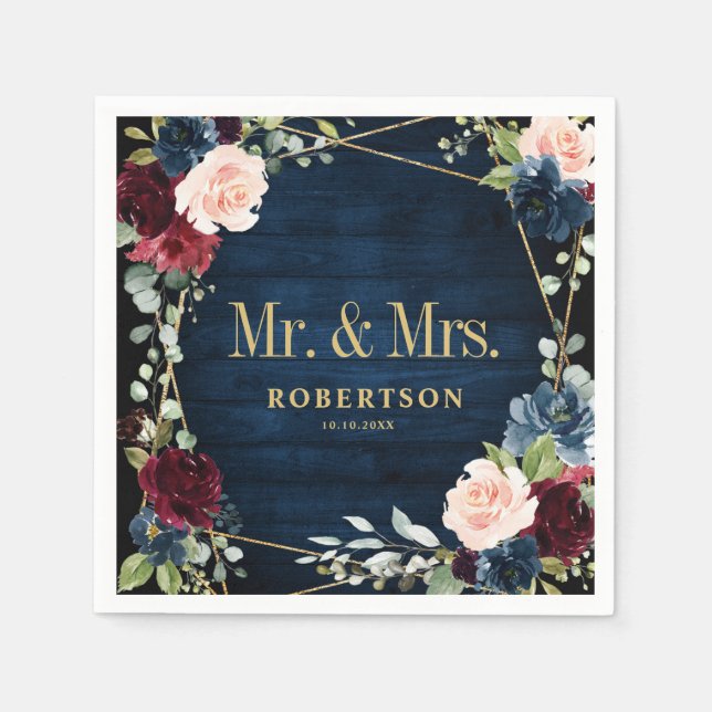 Burgundy Navy Blush Floral Geometric Wedding Napkins (Front)