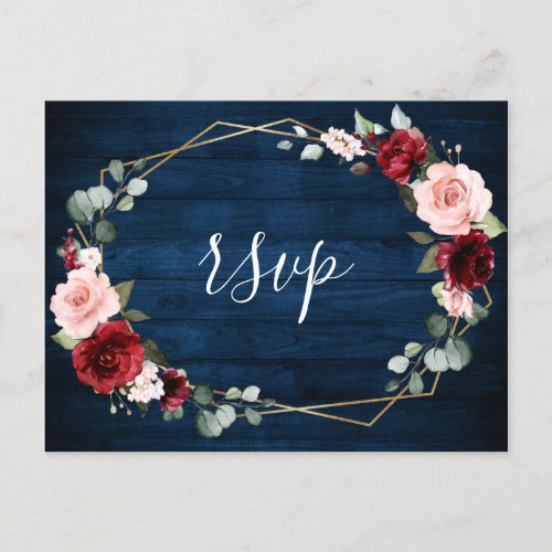 Burgundy Navy Blush Floral Geometric Wedding Postcard