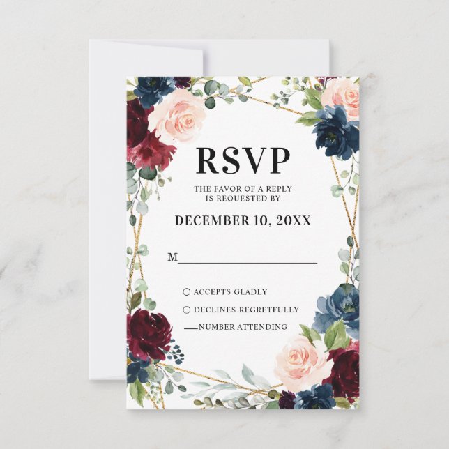 Burgundy Navy Blush Floral Geometric Wedding RSVP Card (Front)