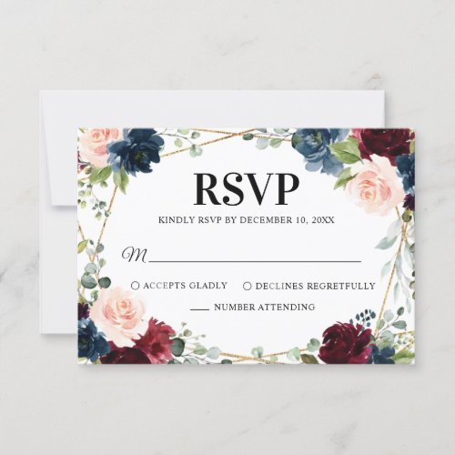 Burgundy Navy Blush Floral Geometric Wedding RSVP Card