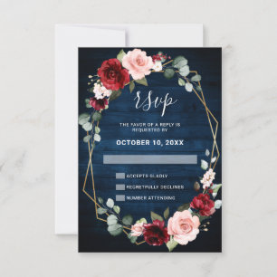 Burgundy Navy Blush Floral Geometric Wedding RSVP Card