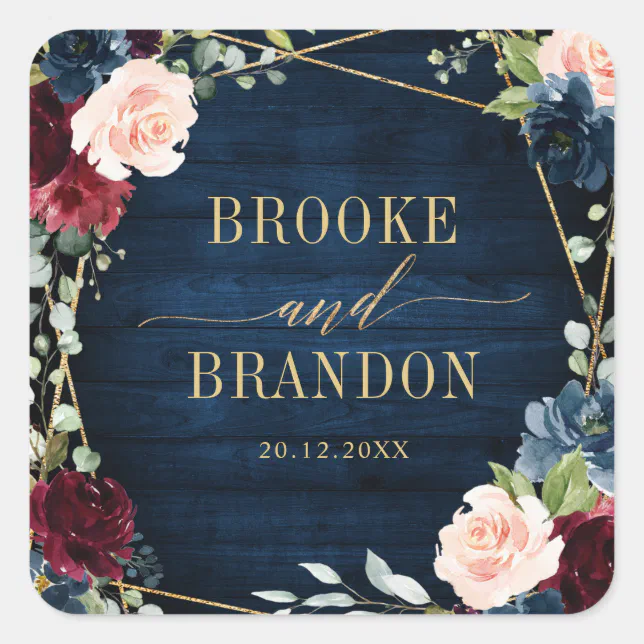 Burgundy Navy Blush Floral Geometric Wedding Square Sticker | Zazzle
