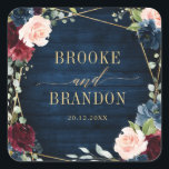Burgundy Navy Blush Floral Geometric Wedding Square Sticker<br><div class="desc">Elegant and modern romantic geometric watercolor floral wedding thank you sticker features a beautiful burgundy / marsala , blush pink, peach , navy blue watercolor roses with matching foliage on navy blue rustic wood background and gold frame. Perfect for a fall / midsummer wedding. Please find more matching designs and...</div>