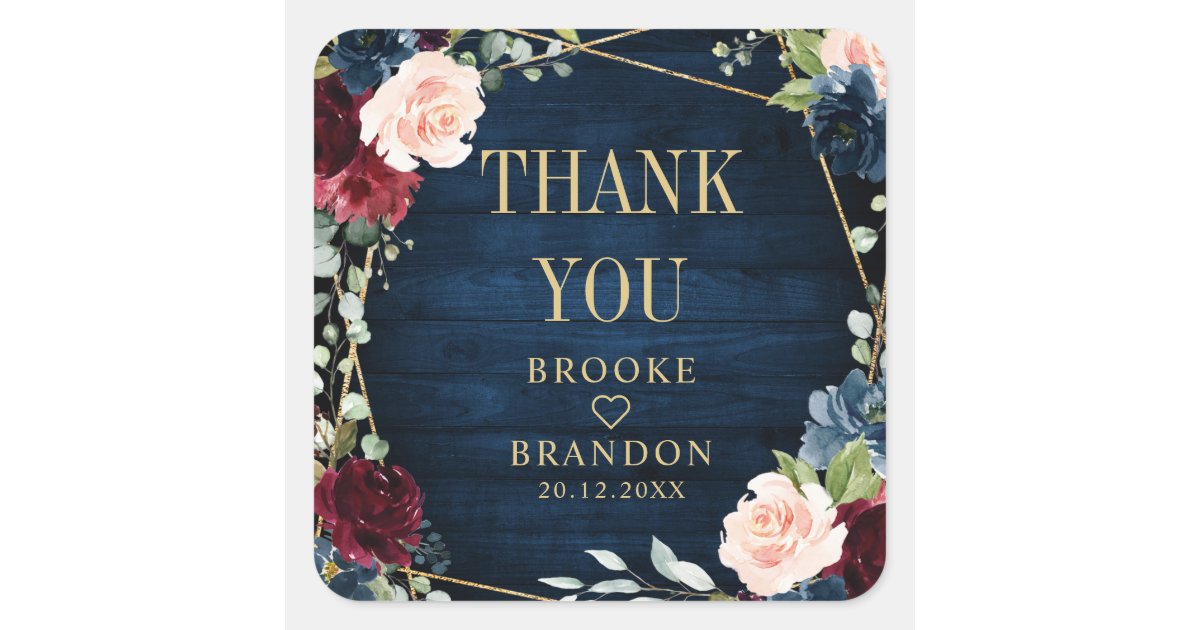 Burgundy Navy Blush Floral Geometric Wedding Square Sticker | Zazzle