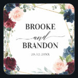 Burgundy Navy Blush Floral Geometric Wedding Square Sticker<br><div class="desc">Elegant and modern romantic geometric watercolor floral wedding thank you sticker features a beautiful burgundy / marsala , blush pink, peach , navy blue watercolor roses with matching foliage on navy blue rustic wood background and gold frame. Perfect for a fall / midsummer wedding. Please find more matching designs and...</div>