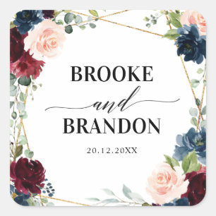 Burgundy Navy Blush Floral Geometric Wedding Square Sticker
