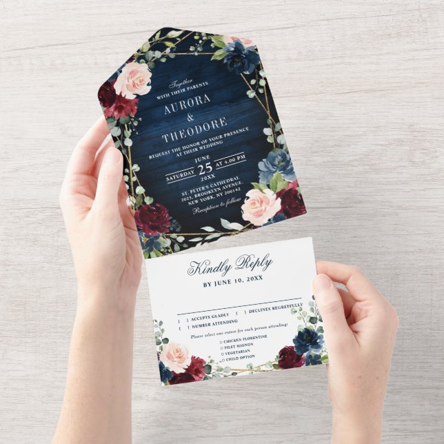 Burgundy Navy Blush Floral Gold Geometric Wedding All In One Invitation (Tearaway)