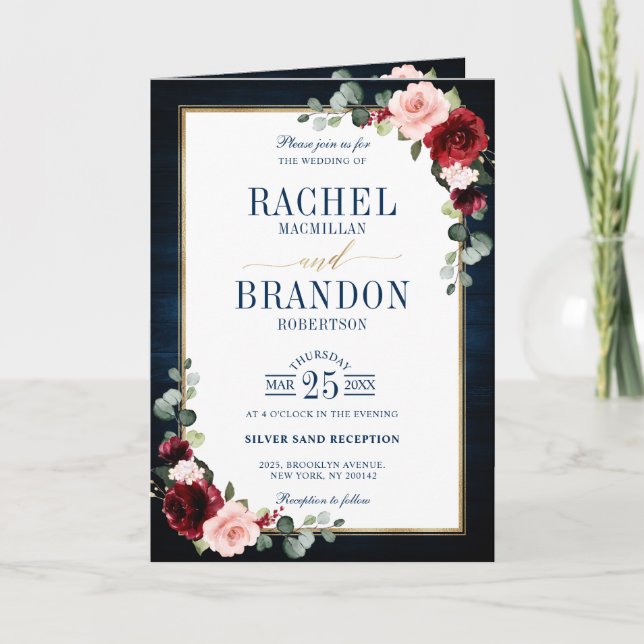 Burgundy Navy Blush Floral Gold Geometric Wedding  Invitation (Front)