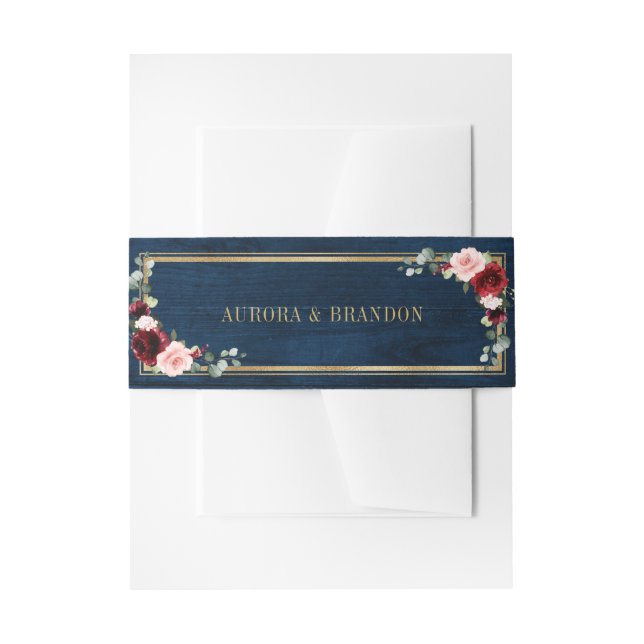Burgundy Navy Blush Floral Gold Geometric Wedding  Invitation Belly Band (Front Example)