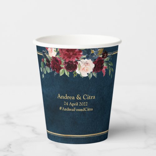 Burgundy Navy Blush Floral Gold Geometric Wedding  Paper Cups