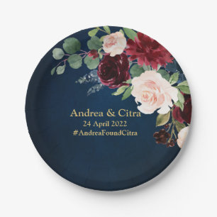 Burgundy Navy Blush Floral Gold Geometric Wedding Paper Plates