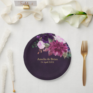Burgundy Navy Blush Floral Gold Geometric Wedding Paper Plates
