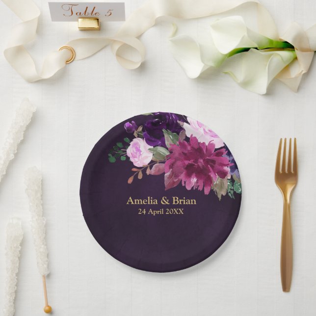 Burgundy Navy Blush Floral Gold Geometric Wedding Paper Plates (Wedding)