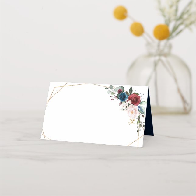 Burgundy Navy Blush Floral Gold Geometric Wedding Place Card (Front)