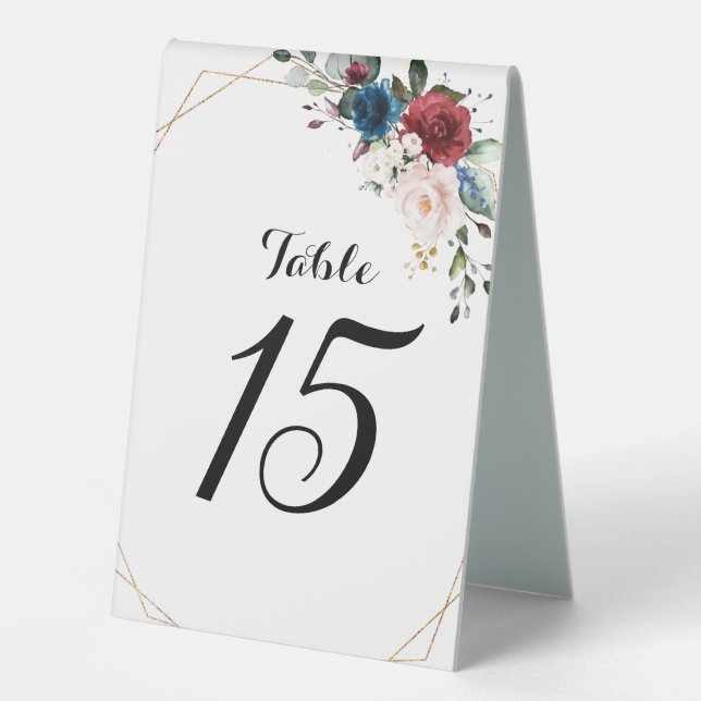 Burgundy Navy Blush Floral Gold Geometric Wedding Table Tent (Front)