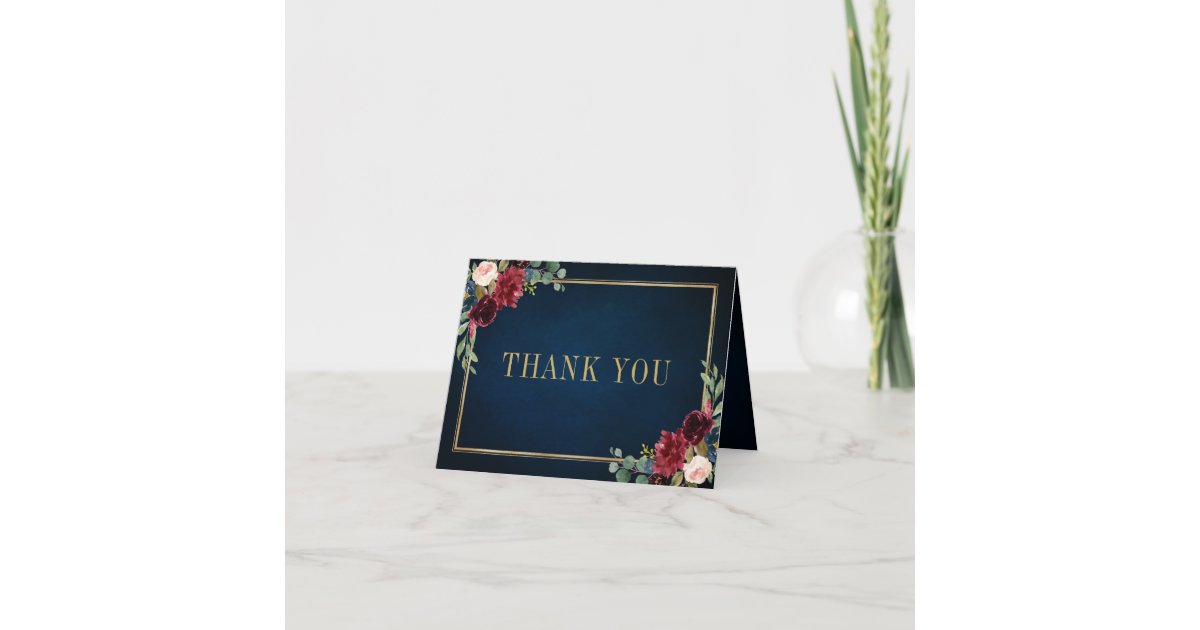 Burgundy Navy Blush Floral Gold Geometric Wedding Thank You Card | Zazzle