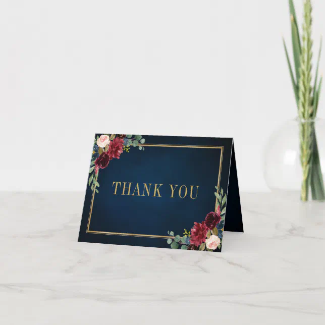 Burgundy Navy Blush Floral Gold Geometric Wedding Thank You Card | Zazzle