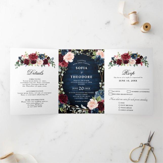 Burgundy Navy Blush Floral Gold Geometric Wedding  Tri-Fold Announcement (Inside)