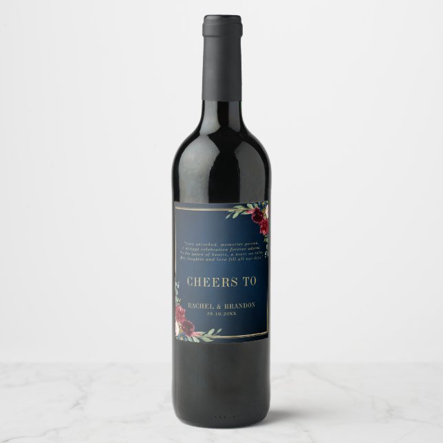 Burgundy Navy Blush Floral Gold Geometric Wedding Wine Label (Front)