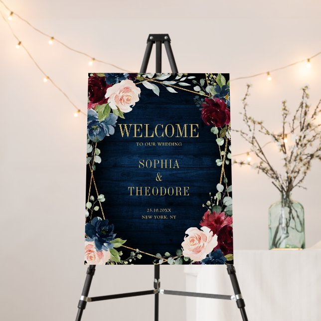 Burgundy Navy Blush Floral Gold Geometric Welcome Foam Board (In Situ (Stand))